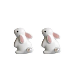 Cute Bunny Stud Earrings – White & Pink Rabbit with Pearl Tail – 0.55"